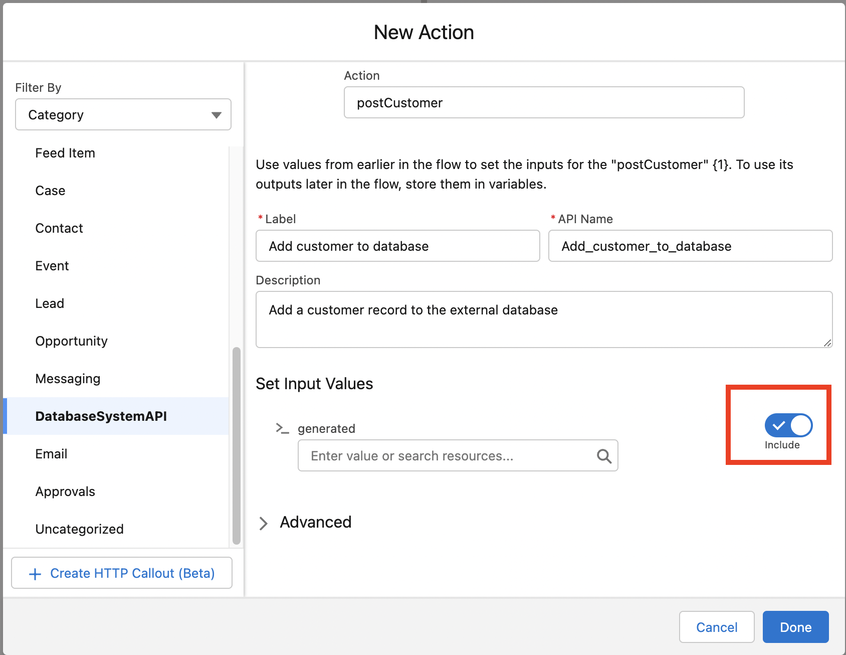 create flow action set input values