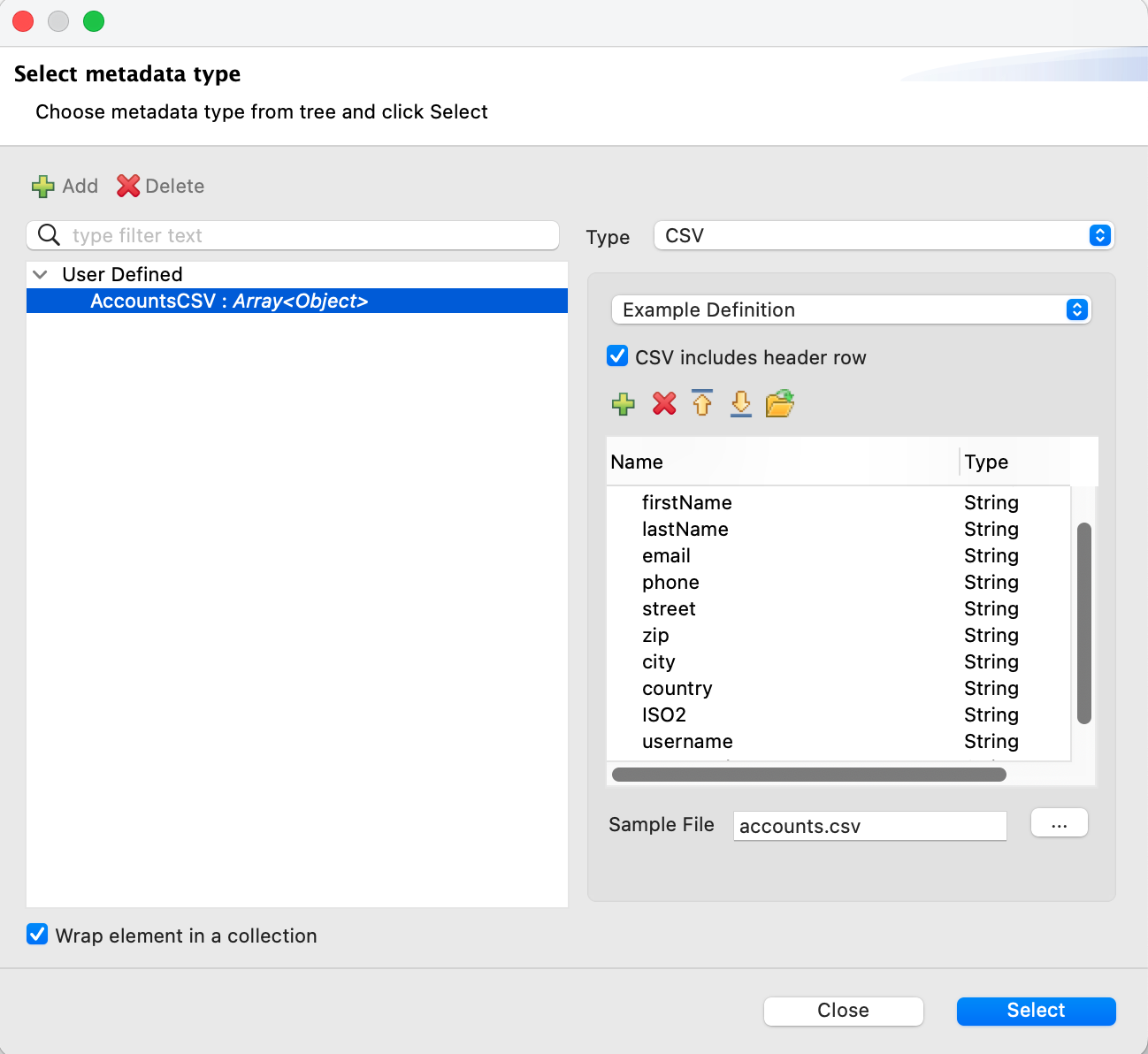 anypoint csv metadata type